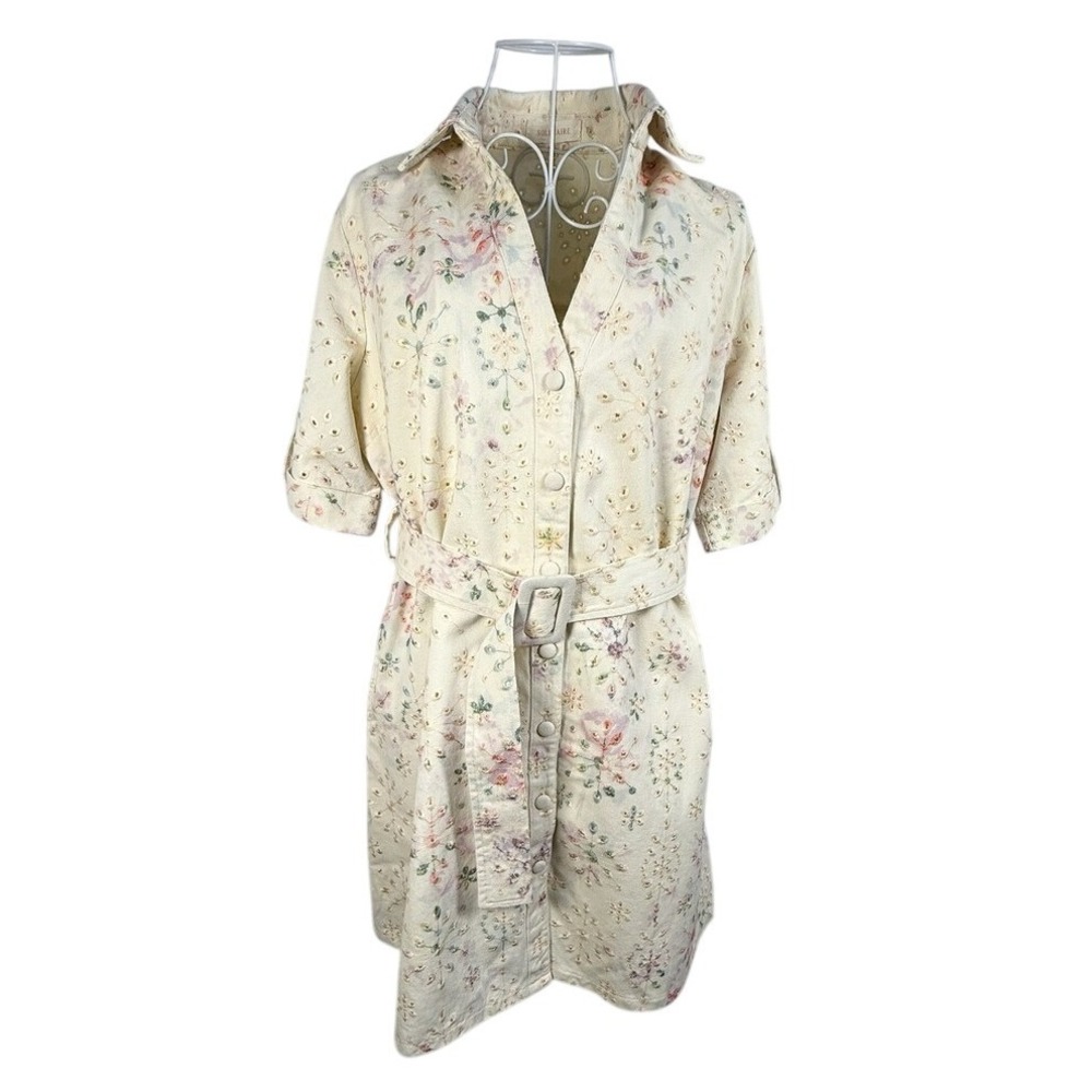 Solitaire Dress Women's M Cream Denim Floral Eyelet Belted Shirt Dress